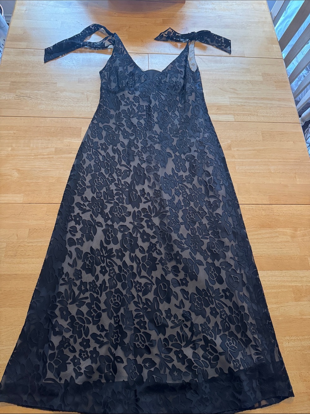 Evan Picone Black Floral Lace Maxi Dress with Tie Straps